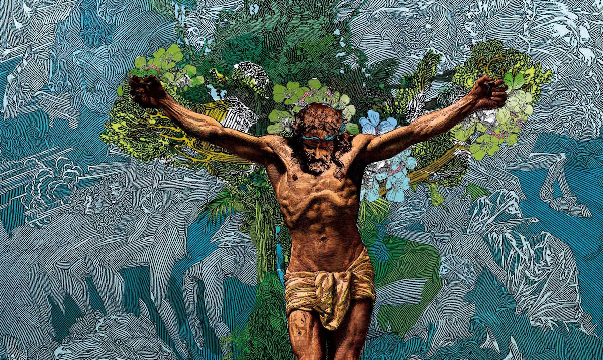 extrait de l'affiche Congrès Mission 2023 où l'on voit le Christ en Croix sur un fond végétal